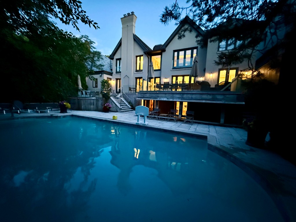 Luxury property exterior at sunset